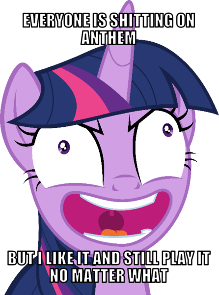 Size: 574x772 | Tagged: safe, artist:twilirity, banned from derpibooru, deleted from derpibooru, derpibooru import, twilight sparkle, twilight sparkle (alicorn), alicorn, pony, starlight the hypnotist, spoiler:interseason shorts, absurd resolution, anthem, caption, evil laugh, female, image macro, laughing, mare, meme, open mouth, simple background, text, transparent background, twilynanas, vector, video game