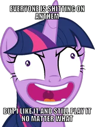 Size: 574x772 | Tagged: safe, artist:twilirity, banned from derpibooru, deleted from derpibooru, derpibooru import, twilight sparkle, twilight sparkle (alicorn), alicorn, pony, starlight the hypnotist, spoiler:interseason shorts, absurd resolution, anthem, caption, evil laugh, female, image macro, laughing, mare, meme, open mouth, simple background, text, transparent background, twilynanas, vector, video game