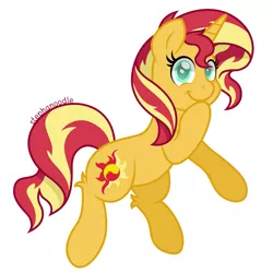 Size: 1409x1409 | Tagged: safe, artist:stephanoodle, banned from derpibooru, deleted from derpibooru, derpibooru import, sunset shimmer, pony, unicorn, equestria girls, colored pupils, female, looking at you, mare, simple background, smiling, solo, white background