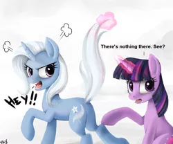 Size: 1200x1000 | Tagged: safe, artist:ponykillerx, banned from derpibooru, deleted from derpibooru, derpibooru import, trixie, twilight sparkle, angry, barbie doll anatomy, butt, featureless crotch, frown, glare, levitation, looking at you, looking back, magic, open mouth, plot, pointing, raised hoof, raised tail, reality ensues, tail, tail pull, telekinesis, the great and powerful ass, wide eyes