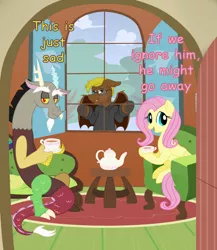 Size: 890x1024 | Tagged: artist needed, safe, banned from derpibooru, deleted from derpibooru, derpibooru import, discord, fluttershy, oc, oc:late night, annoyed, crying, cuckolding, female, food, ignoring, image, implied shipping, male, png, sad, tea