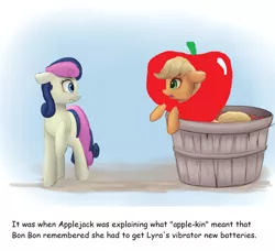 Size: 1132x1034 | Tagged: safe, artist:vanillaghosties, banned from derpibooru, deleted from derpibooru, derpibooru import, edit, applejack, bon bon, lyra heartstrings, sweetie drops, earth pony, pony, 1000 hours in ms paint, apple, atg 2017, bucket, comic sans, confused, dialogue, duo, edited featured image, eye contact, female, floppy ears, food, frown, funny, fusion, gradient background, implied vibrator, leaning, lesbian, looking at each other, lyrabon, mare, newbie artist training grounds, raised hoof, shipping, silly, silly pony, text, that pony sure does love apples, we have become one, who's a silly pony, wide eyes