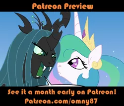 Size: 540x461 | Tagged: safe, artist:omny87, banned from derpibooru, deleted from derpibooru, derpibooru import, princess celestia, queen chrysalis, advertisement, chryslestia, evil grin, female, grin, lesbian, patreon, preview, shipping, smiling