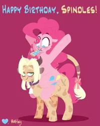 Size: 1684x2119 | Tagged: safe, artist:hattsy, banned from derpibooru, deleted from derpibooru, derpibooru import, pinkie pie, oc, oc:brandi, cow, cow pony, pony, bell, blushing, bow, cowbell, eye contact, female, hat, lidded eyes, looking at each other, looking back, mare, micro, mouth hold, noisemaker, party hat, smiling, spindles' birthday, wide hips