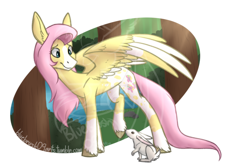 Size: 1280x944 | Tagged: safe, artist:bluebrush09, banned from derpibooru, deleted from derpibooru, derpibooru import, fluttershy, pegasus, pony, rabbit, animal, colored wings, cute, deviantart watermark, ear fluff, female, mare, markings, multicolored wings, obtrusive watermark, redesign, shyabetes, unshorn fetlocks, watermark, wing fluff, wings