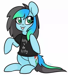 Size: 1084x1200 | Tagged: safe, artist:kiruart, banned from derpibooru, deleted from derpibooru, derpibooru import, oc, oc:kiru, unofficial characters only, pegasus, pony, blushing, clothes, shirt, sitting, solo, tongue out