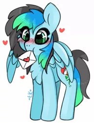 Size: 920x1200 | Tagged: safe, artist:kiruart, banned from derpibooru, deleted from derpibooru, derpibooru import, oc, oc:kiru, unofficial characters only, pegasus, pony, blushing, heart, love letter, mouth hold, solo