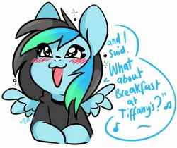 Size: 2322x1946 | Tagged: safe, artist:kiruart, banned from derpibooru, deleted from derpibooru, derpibooru import, oc, oc:kiru, unofficial characters only, pegasus, pony, :3, blushing, breakfast at tiffany's, deep blue something, one hit wonder, solo