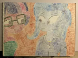 Size: 4032x3024 | Tagged: safe, artist:big-kid, banned from derpibooru, deleted from derpibooru, derpibooru import, trixie, twilight sparkle, human, equestria girls, legend of everfree, rainbow rocks, blue, clothes, colored pencil drawing, female, flirt, flirting, flirty, glasses, jacket, kissing, lesbian, purple, shipping, stars, sweat jacket, traditional art, twixie