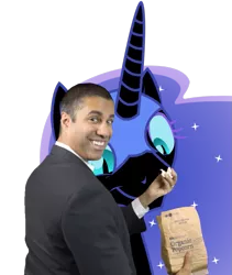 Size: 865x1024 | Tagged: safe, banned from derpibooru, deleted from derpibooru, derpibooru import, editor:apex soundwave, nightmare moon, alicorn, human, pony, ajit pai, cute, exploitable meme, feeding, female, food, irl, mare, meme, notsobot, old meme, photo, ponies in real life, popcorn, simple background, transparent background