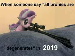 Size: 4032x3024 | Tagged: safe, banned from derpibooru, deleted from derpibooru, derpibooru import, edit, starlight glimmer, pony, caption, current year, exploitable meme, gun, image macro, meme, plushie, snipelight glimmer, text, weapon