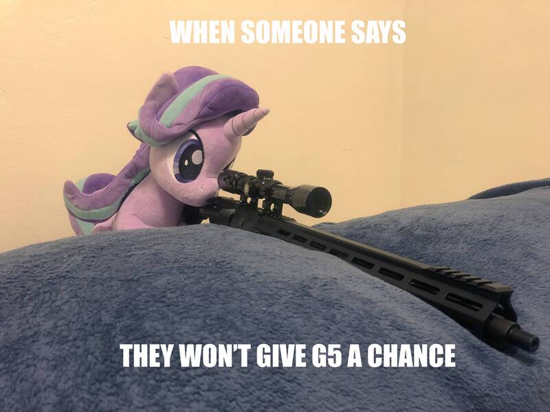 Size: 4032x3024 | Tagged: safe, artist:nekokevin, artist:yaop, banned from derpibooru, deleted from derpibooru, derpibooru import, edit, starlight glimmer, pony, unicorn, series:nekokevin's glimmy, caption, exploitable meme, g5, gun, image macro, irl, meme, photo, plushie, simple background, snipelight glimmer, solo, text, weapon