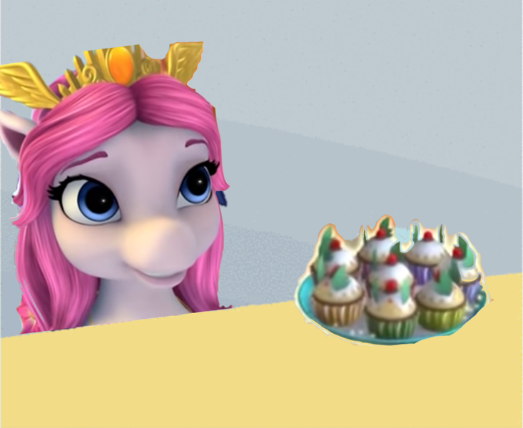 Size: 958x784 | Tagged: safe, banned from derpibooru, deleted from derpibooru, derpibooru import, edit, filly elf, 1000 years in photoshop, barely pony related, bella (filly funtasia), crown, cupcake, female, filly funtasia, food, grin, jewelry, meme, pure unfiltered evil, regalia, smiling, solo