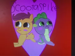 Size: 4032x3024 | Tagged: safe, banned from derpibooru, deleted from derpibooru, derpibooru import, edit, editor:undeadponysoldier, scootaloo, spike, pegasus, cute, female, hearts and hooves day, holiday, male, scootaspike, shipping, straight, valentine's day