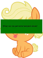 Size: 443x600 | Tagged: safe, banned from derpibooru, deleted from derpibooru, derpibooru import, applejack, anime shark party, asking for it, baby, babyjack, background pony strikes again, foal, food, fucked up, never, pony confession, question, solo, taco, why, younger