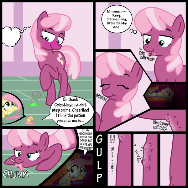 Size: 1300x1300 | Tagged: questionable, artist:gtsdev, artist:optica, banned from derpibooru, deleted from derpibooru, derpibooru import, cheerilee, fluttershy, pony, cheerishy, comic, digital art, drool, female, fetish, flutterlee, internal, lesbian, micro, neck, potion, scared, shipping, soft vore, speech bubble, swallow, tongue out, vore