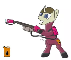 Size: 1818x1541 | Tagged: safe, artist:c00lguy, banned from derpibooru, deleted from derpibooru, derpibooru import, oc, oc:crude oil, pony, unicorn, angry, backpack, blue eyes, boots, brown hair, clothes, fire, flamethrower, gloves, oil, oil can, open mouth, pipes, pyro, rubber, shoes, simple background, standing up, tf2 reference, weapon, white background