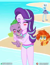 Size: 3090x4000 | Tagged: safe, alternate version, artist:dieart77, artist:metalhead97, banned from derpibooru, deleted from derpibooru, derpibooru import, edit, spike, starlight glimmer, sunburst, trixie, dog, human, equestria girls, adorasexy, beach, belly button, bikini, blushing, breasts, cleavage, clothes, commission, cute, equestria girls-ified, eyes closed, feet, female, jealous, kissing, kissy face, legs, lucky bastard, male, open mouth, polka dot swimsuit, sand, sandals, sexy, shipping, shipping denied, skirt, smiling, sparlight, spike gets all the equestria girls, spike the dog, spikelove, straight, swimsuit, tongue out, water