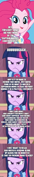 Size: 500x2593 | Tagged: safe, banned from derpibooru, deleted from derpibooru, derpibooru import, edit, edited screencap, screencap, pinkie pie, twilight sparkle, human, equestria girls, angry, captain marvel (marvel), comic, rant, screencap comic, vulgar