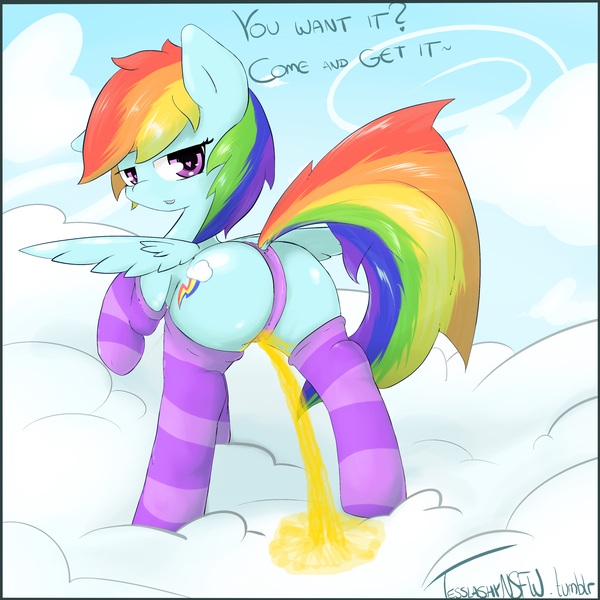 Size: 3000x3000 | Tagged: questionable, artist:tesslashy, banned from derpibooru, deleted from derpibooru, derpibooru import, edit, editor:ruslan nasretdinov, rainbow dash, backwards cutie mark, bad edit, butt, clothes, dock, female, fetish, panties, pissing, plot, rain, socks, solo, solo female, striped socks, underwear, urine, watersports, wetting, yellow rain