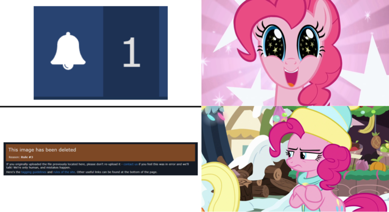 Size: 1201x654 | Tagged: safe, banned from derpibooru, deleted from derpibooru, derpibooru import, edit, edited screencap, editor:countcoltnackh, screencap, applejack, pinkie pie, earth pony, pony, derpibooru, the ticket master, bait and switch, caption, disappointed, excited, exploitable meme, four panel meme, image macro, meme, meta, shitposting, simple background, text, the best gift ever, white background