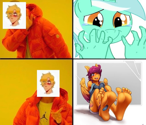 Size: 512x440 | Tagged: suggestive, banned from derpibooru, deleted from derpibooru, derpibooru import, lyra heartstrings, scootaloo, anthro, dead meme, exploitable meme, feet, fetish, foot fetish, hand fetish, meme, wtf