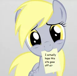 Size: 500x494 | Tagged: safe, artist:krellyan, banned from derpibooru, deleted from derpibooru, derpibooru import, edit, derpy hooves, pegasus, pony, derpibooru, april fools, april fools 2019, c:, card, exploitable meme, female, gray background, head tilt, looking at you, mare, meme, meta, mouth hold, simple background, smiling, solo, text
