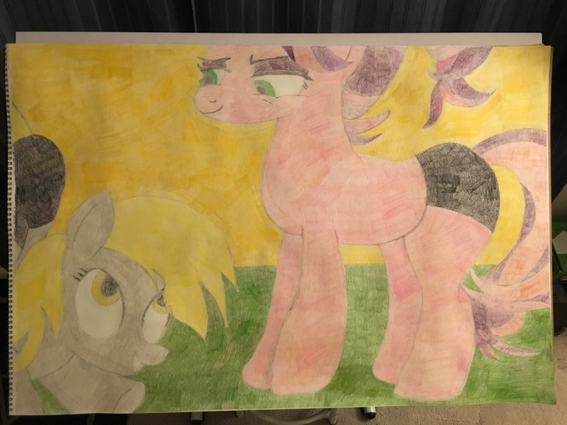 Size: 4032x3024 | Tagged: suggestive, artist:big-kid, banned from derpibooru, deleted from derpibooru, derpibooru import, derpy hooves, spoiled rich, pony, the last roundup, where the apple lies, autumn, clothes, colored pencil drawing, food, happy, looking at each other, mane, muffin, panties, smiling, spoiled milk, tail, traditional art, underwear