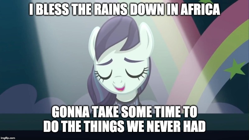 Size: 890x500 | Tagged: safe, banned from derpibooru, deleted from derpibooru, derpibooru import, edit, edited screencap, editor:chameleonbreeze, screencap, coloratura, the mane attraction, africa, caption, image macro, rara, solo, text, toto (band)