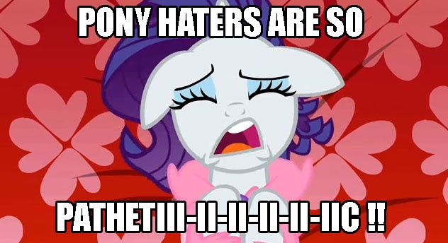 Size: 632x344 | Tagged: safe, banned from derpibooru, deleted from derpibooru, derpibooru import, rarity, anti-brony, caption, hate, hater, image macro, pathetic, text