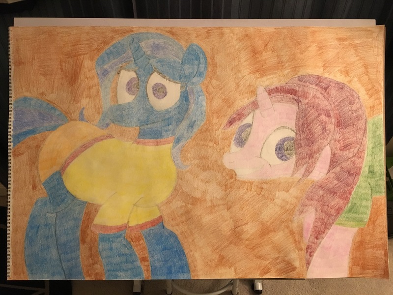 Size: 4032x3024 | Tagged: suggestive, artist:big-kid, banned from derpibooru, deleted from derpibooru, derpibooru import, starlight glimmer, trixie, pony, unicorn, all bottled up, to where and back again, blue, brown, clothes, colored pencil drawing, green, horn, panties, shirt, t-shirt, traditional art, underwear