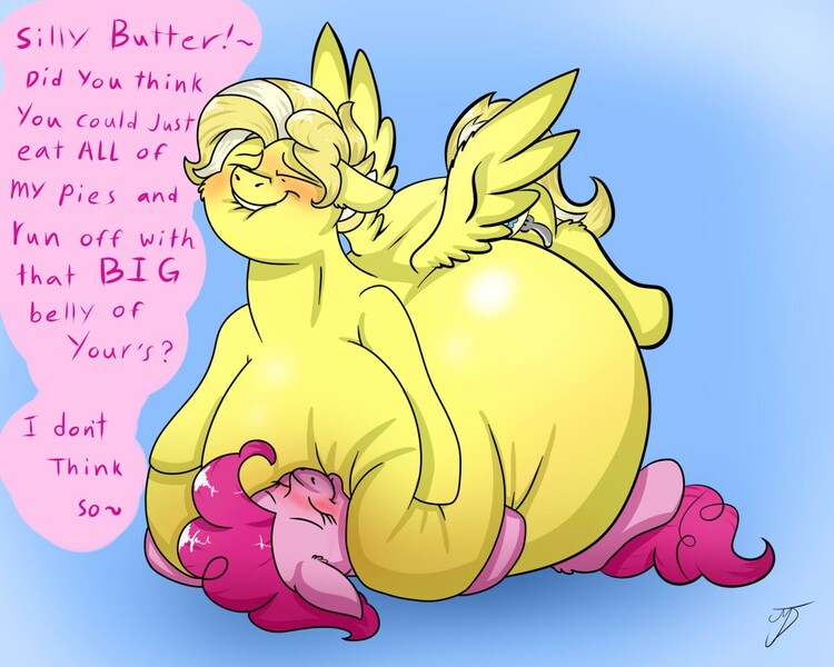 Size: 1280x1024 | Tagged: questionable, artist:buttercream pony, banned from derpibooru, deleted from derpibooru, derpibooru import, pinkie pie, oc, oc:buttercream, pony, bed, belly, belly bed, bhm, big, big belly, blushing, fat, feedee, helpless, huge belly, immobile, impossibly large belly, lip bite, morbidly obese, obese, punishment, snuggling, stuffed