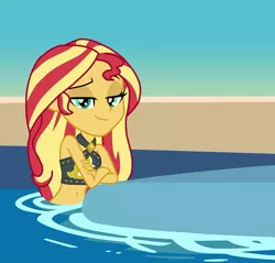 Size: 914x875 | Tagged: safe, artist:emeraldblast63, banned from derpibooru, deleted from derpibooru, derpibooru import, sunset shimmer, human, equestria girls, equestria girls series, spring breakdown, bikini, bikini top, clothes, looking at you, midriff, sexy, solo, swimming pool, swimsuit