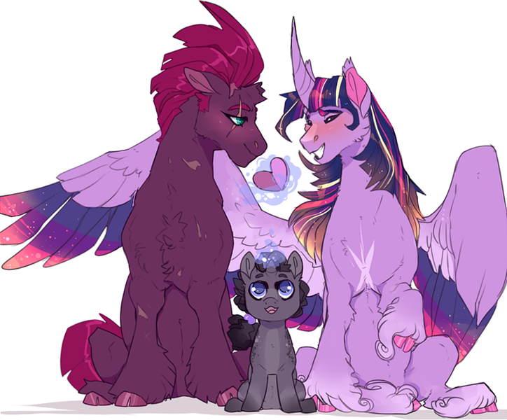 Size: 927x768 | Tagged: safe, artist:dingobreath, banned from derpibooru, deleted from derpibooru, derpibooru import, tempest shadow, twilight sparkle, twilight sparkle (alicorn), oc, oc:poetic justice, alicorn, classical unicorn, pony, unicorn, cloven hooves, colored wings, colt, eye scar, female, hoof fluff, hug, leonine tail, lesbian, long feather, magic, magical lesbian spawn, male, multicolored wings, offspring, parent:tempest shadow, parent:twilight sparkle, parents:tempestlight, scar, shipping, simple background, tempestlight, unshorn fetlocks, white background, winghug, wings