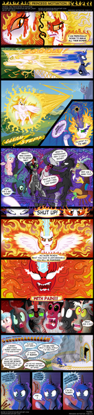 Size: 2480x10878 | Tagged: safe, artist:mr-spider-the-bug, banned from derpibooru, deleted from derpibooru, derpibooru import, cozy glow, daybreaker, discord, king sombra, lord tirek, pony of shadows, princess celestia, princess luna, queen chrysalis, alicorn, pony, angry, beatdown, cake, canterlot, canterlot castle, comic, crown, cup, dark magic, disproportionate retribution, everyone died, female, filly, fire, floppy ears, flying, food, freckles, glowing horn, gone horribly right, horn, jewelry, jojo reference, jojo's bizarre adventure, magic, male, meet the sandvich, melting, ponyville, rage, ragelestia, regalia, regret, remorse, smoke, speech bubble, stallion, tea kettle, teacup, team fortress 2, the end, this ended in death, this ended in pain, thousand yard stare