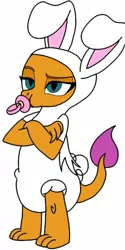 Size: 414x830 | Tagged: suggestive, artist:kittythenerd, banned from derpibooru, deleted from derpibooru, derpibooru import, smolder, animal costume, bunny costume, clothes, costume, diaper, diaper fetish, fetish, onesie, pacifier