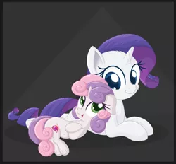 Size: 2500x2321 | Tagged: safe, artist:vito, banned from derpibooru, deleted from derpibooru, derpibooru import, rarity, sweetie belle, pony, unicorn, abstract background, belly button, cheek fluff, cute, cutie mark, diasweetes, duo, female, filly, floppy ears, happy, leaning, mare, prone, raribetes, siblings, sisters, smiling, the cmc's cutie marks, underhoof