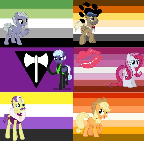 Size: 1139x1121 | Tagged: safe, banned from derpibooru, deleted from derpibooru, derpibooru import, applejack, crafty crate, dandy grandeur, diamond rose, limestone pie, rolling thunder, aromantic, aromantic pride flag, bear pride flag, bear (sexuality), butch lesbian, butch lesbian pride flag, flag, lgbtq, lipstick lesbian, lipstick lesbian pride flag, mouthpiece, nonbinary, nonbinary pride flag, pride, pride flag