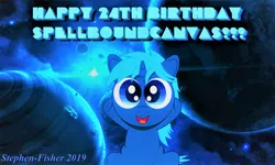 Size: 6176x3712 | Tagged: safe, artist:stephen-fisher, banned from derpibooru, deleted from derpibooru, derpibooru import, pony, birthday, blue background, blue space, happy, simple background, sol, space