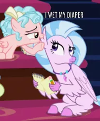 Size: 597x720 | Tagged: safe, banned from derpibooru, deleted from derpibooru, derpibooru import, edit, edited screencap, screencap, cozy glow, silverstream, cropped, duo, fetish, implied diaper fetish, implied urine