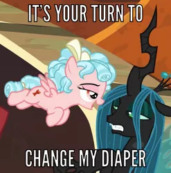 Size: 679x688 | Tagged: safe, banned from derpibooru, deleted from derpibooru, derpibooru import, edit, edited screencap, screencap, cozy glow, queen chrysalis, changeling, changeling queen, pegasus, pony, the beginning of the end, cropped, female, fetish, implied diaper fetish