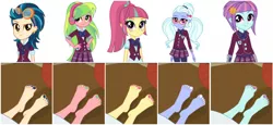 Size: 1024x473 | Tagged: safe, artist:jacobbellwood1992, banned from derpibooru, deleted from derpibooru, derpibooru import, edit, indigo zap, lemon zest, sour sweet, sugarcoat, sunny flare, equestria girls, barefoot, crystal prep shadowbolts, feet, foot focus, legs, nail polish, pedicure, pictures of legs