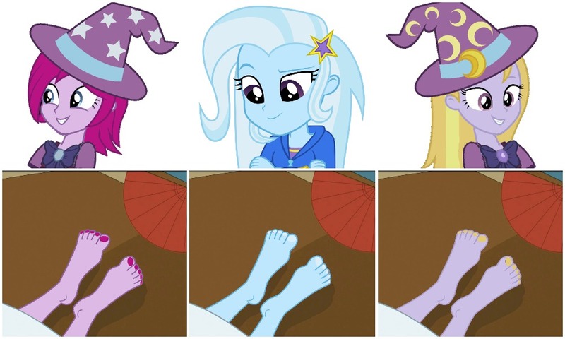 Size: 1000x600 | Tagged: safe, artist:jacobbellwood1992, banned from derpibooru, deleted from derpibooru, derpibooru import, edit, fuchsia blush, lavender lace, trixie, equestria girls, barefoot, feet, fetish, foot fetish, foot focus, legs, nail polish, pedicure, pictures of legs, trixie and the illusions