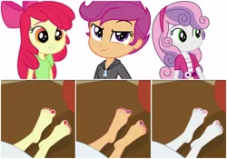 Size: 1000x700 | Tagged: safe, artist:jacobbellwood1992, banned from derpibooru, deleted from derpibooru, derpibooru import, apple bloom, scootaloo, sweetie belle, equestria girls, barefoot, cutie mark crusaders, feet, fetish, foot fetish, foot focus, legs, nail polish, pedicure, pictures of legs