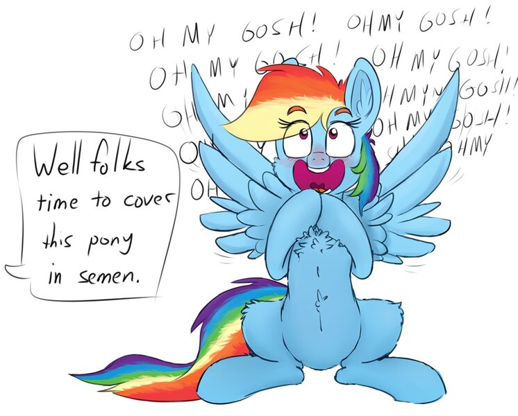 Size: 1123x903 | Tagged: questionable, artist:firenhooves, banned from derpibooru, deleted from derpibooru, derpibooru import, rainbow dash, pegasus, pony, belly fluff, blushing, chest fluff, cute, cute porn, dialogue, ear fluff, excited, female, fluffy, happy, implied bukkake, implied cum, irrational exuberance, iwtcird, leg fluff, lewd, looking up, mare, meme, offscreen character, oh my gosh, open mouth, raised eyebrows, simple background, sitting, smiling, solo, spread wings, white background, wingboner, wings