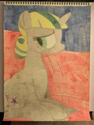 Size: 3024x4032 | Tagged: suggestive, artist:big-kid, banned from derpibooru, deleted from derpibooru, derpibooru import, twilight velvet, pony, unicorn, colored pencil drawing, couch, horn, mane, solo, stars, stripe, traditional art