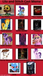 Size: 561x1000 | Tagged: safe, banned from derpibooru, deleted from derpibooru, derpibooru import, pipsqueak, spitfire, starlight glimmer, tempest shadow, trixie, twilight sparkle, pony, burn-e, cars (pixar), cast meme, chicken run, genderbender, image, jpeg, miss piggy, muppet babies, recast meme, sanjay's super team