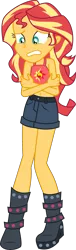 Size: 1785x5845 | Tagged: safe, artist:digimonlover101, banned from derpibooru, deleted from derpibooru, derpibooru import, edit, vector edit, sunset shimmer, human, equestria girls, equestria girls series, street chic, spoiler:eqg series (season 2), belly button, blue bottomwear, boots, clothes, cold, commission, cutie mark, cutie mark on clothes, denim shorts, female, image, knees pressed together, long hair, midriff, png, red topwear, shivering, shoes, shorts, simple background, solo, solo female, teal eyes, tomboy, transparent background, two toned hair, uncomfortable, vector, yellow skin