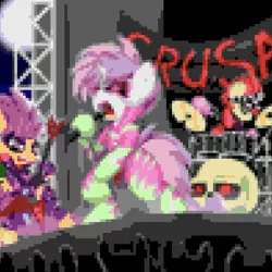 Size: 582x583 | Tagged: safe, artist:paulpeopless, banned from derpibooru, deleted from derpibooru, derpibooru import, edit, editor:undeadponysoldier, apple bloom, scootaloo, sweetie belle, pegasus, unicorn, band, clothes, cutie mark crusaders, female, filly, guitar, makeup, mascara, microphone, moon, musical instrument, pixelated, skull, stage