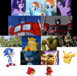 Size: 1104x1095 | Tagged: safe, banned from derpibooru, deleted from derpibooru, derpibooru import, rainbow dash, twilight sparkle, pikachu, my little pony: the movie, angry birds, bumblebee, crossover, detective pikachu, grammar error in description, optimus prime, pokémon, sonic movie 2019, sonic the hedgehog, sonic the hedgehog (series), teenage mutant ninja turtles, transformers